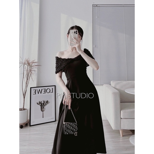 Váy trễ vai đen phối voan tơ mềm xoè tiểu thư chanh xả