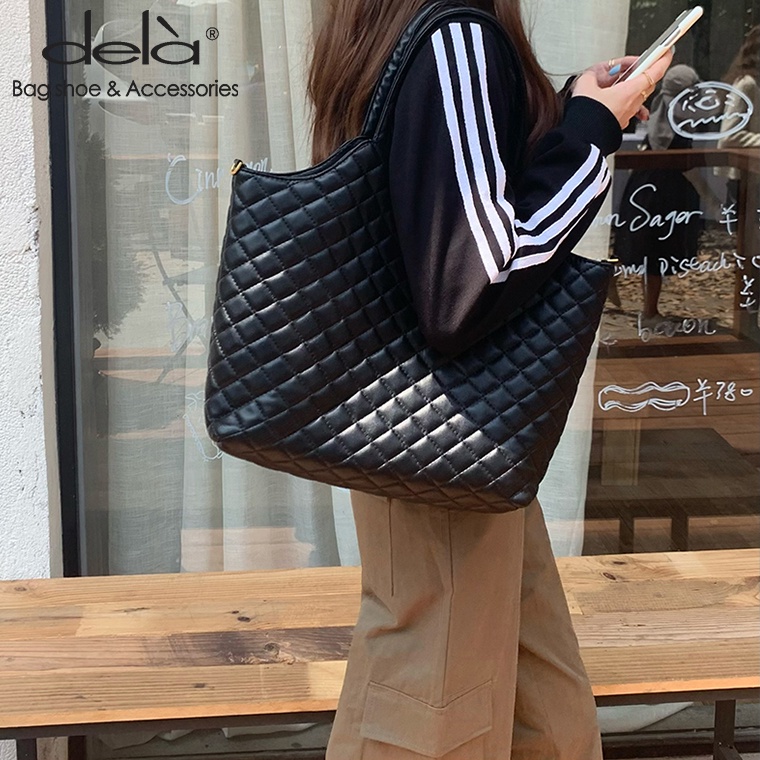 Dela Túi Xách Đeo Vai Hình Thoi Sức Chứa Lớn Màu Đen Thời Trang Hàn Quốc Mới Cho Nữ
