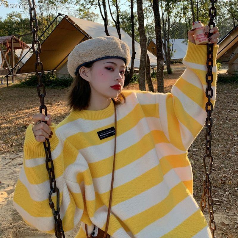 Áo sweater dệt kim cổ tròn tay dài dáng rộng kẻ sọc dày phong cách Hàn Quốc cho nữ 2021