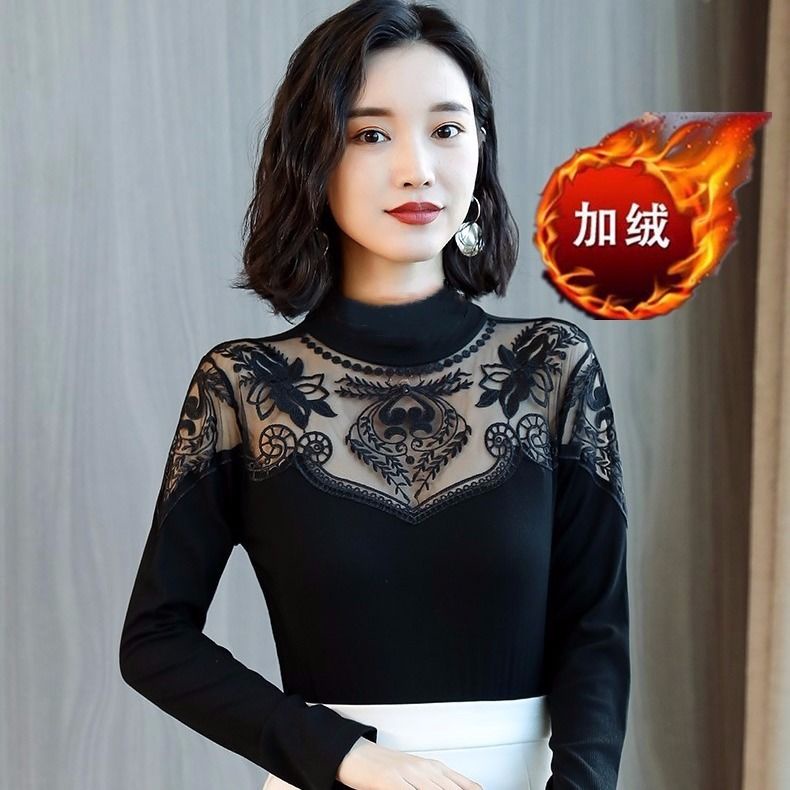 Áo thun vải nhung dài tay phối ren tr thu đông ấm áp cỡ lớn cho nữ