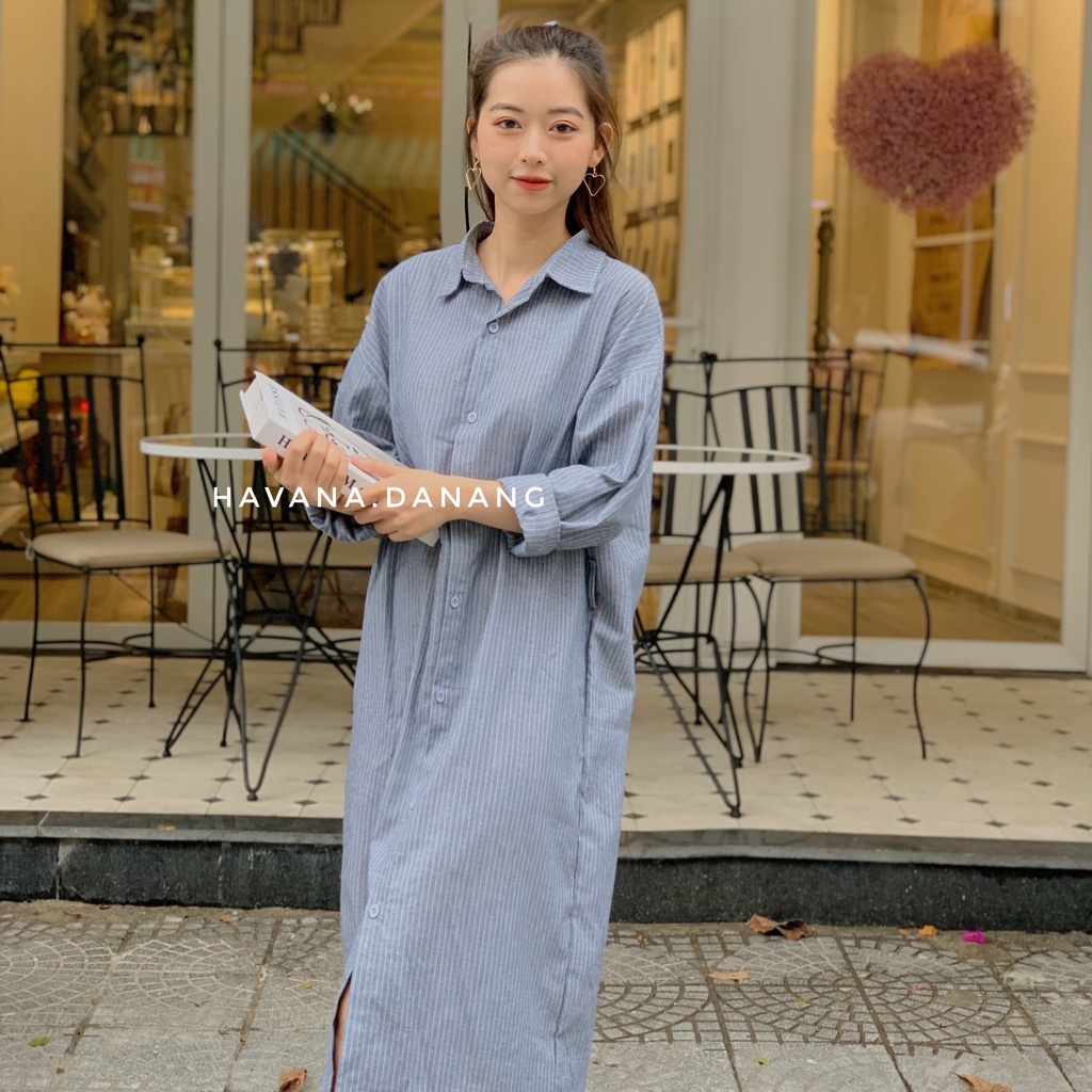 Đầm suông dài, đầm sọc chất kaki kèm dây buộc form rộng | BigBuy360 - bigbuy360.vn