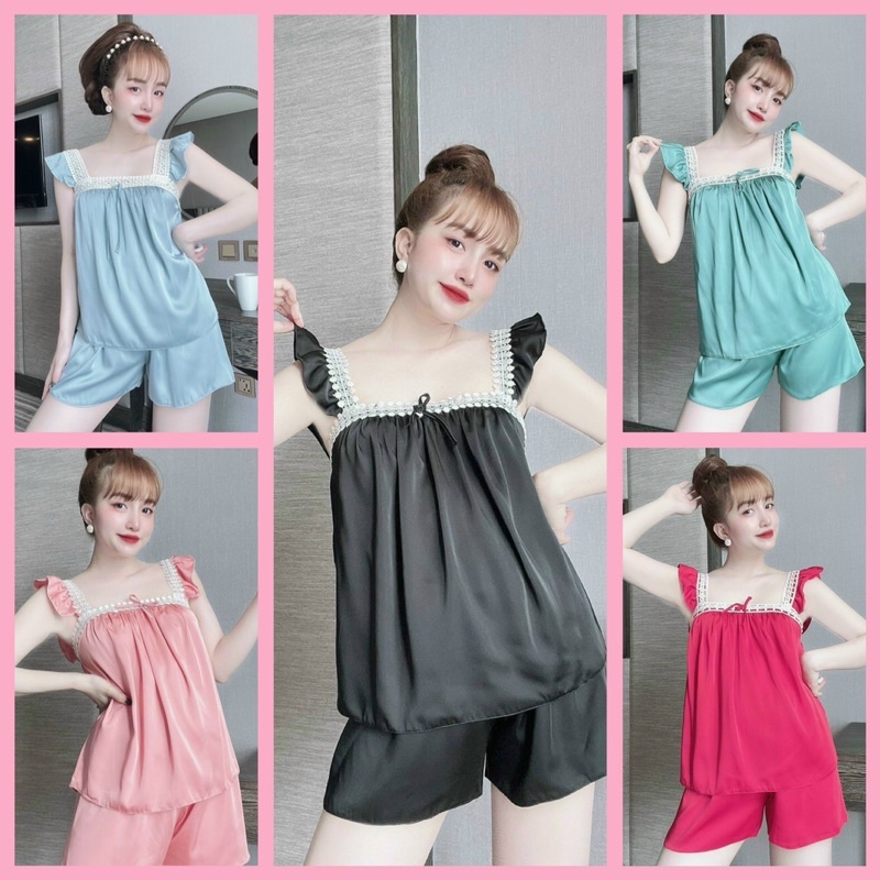 Đồ Ngủ Sexy- Bộ Ngủ Satin Phối Ren Cánh Tiên Form 40-55kg( ảnh và video thật)