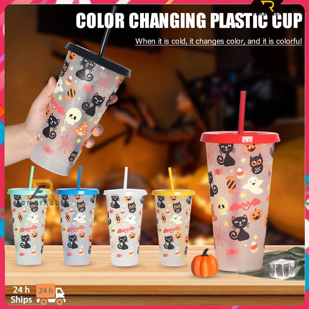 Sẵn Sàng Cổ 710Ml Halloween Theo Chủ Đề Có Thể Tái Sử Dụng Đổi Màu Cốc Uống Lạnh Cốc Du Lịch Tumbler Có Nắp Ống Hút Đổi Màu đảng Cup