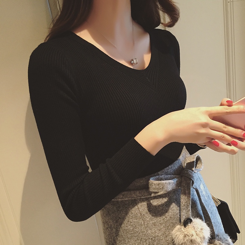 Áo Len Tay Dài Cổ Chữ V Màu Sắc Đơn Giản Thời Trang Cho Nữ