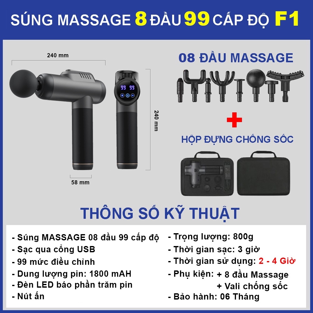 Súng massage cầm tay 99 cấp độ 8 đầu trị đau nhức toàn thân hiệu quả, máy massage kèm 8 đầu mát xa chuyên sâu