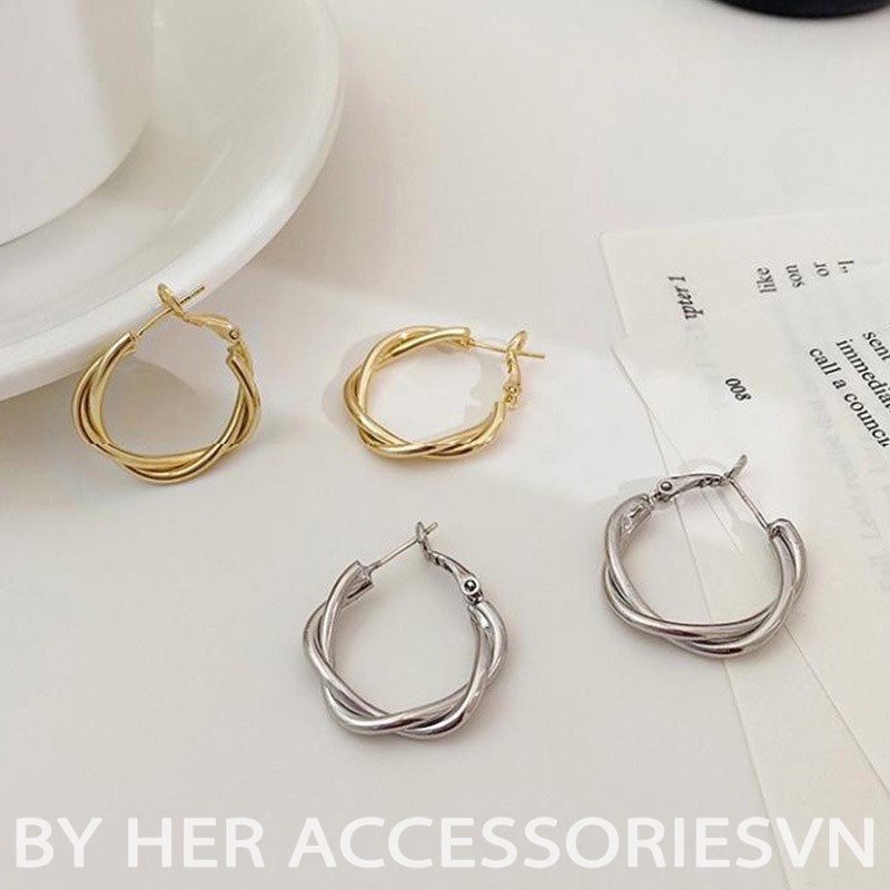 Bông tai tròn basic vặn thừng, Khuyên tai tròn chuôi bạc 925 Her Accessories H88