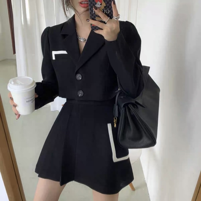 Set áo vest tay phồng croptop phối chân váy ngắn dáng chữ A