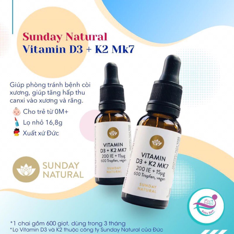 [CHUẨN AIR 100%] Vitamin D3K2 200IE MK7 Sunday Natural, chống còi xương tăng hấp thụ canxi vào xương &amp; răng cho bé, 20ml