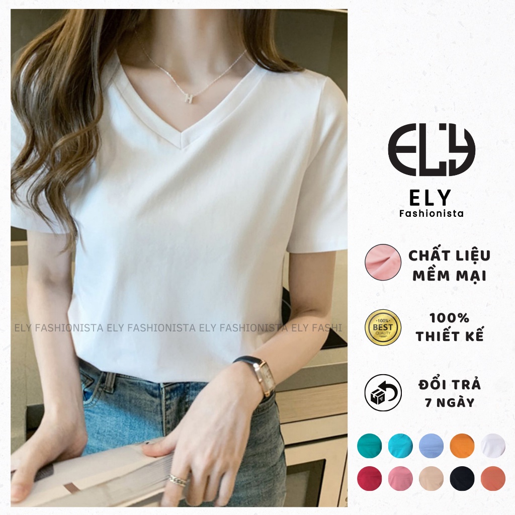 Áo phông nữ ELY trơn cổ tim ngắn tay dáng suông cotton basic đẹp trắng cao cấp, áo  thun nữ cổ V cộc tay đen ELY205