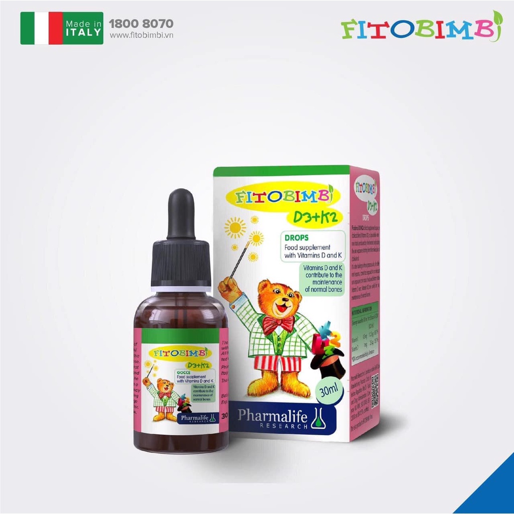 Fitobimbi D3 K2 - Siro bổ sung vitamin D3, K2 giúp bé hấp thu canxi tối đa, xương, răng chắc khỏe, giảm còi xương trẻ em