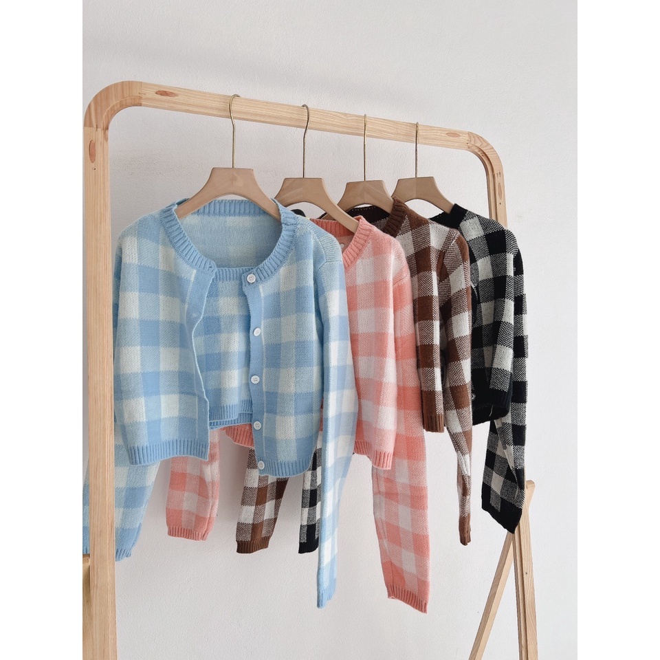 Áo len 2 dây croptop nữ Thảo Chi - Set áo len 2 dây kèm áo khoác ngoài họa tiết kẻ caro có 4 màu cực xinh dễ thương