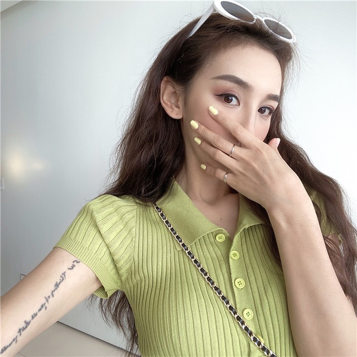 Mặc gì đẹp: [Hàng Đẹp] Xiaozhainv Áo croptop dệt kim tay ngắn cổ polo thời trang Hàn Quốc thanh lịch