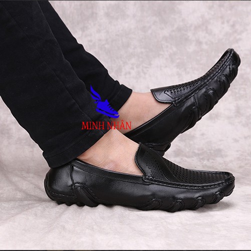 Giày rọ nam da bò cao cấp đẹp mẫu mới nguyên tấm Slipons đế khâu mùa hè đục lỗ thoáng khí Men’s Summer Shoes H-8 màu đen