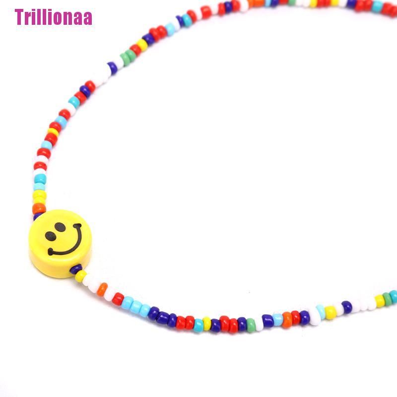 [Trillionaa] Vòng Cổ Choker Chuỗi Hạt Nhiều Màu Sắc Mặt Cười Phong Cách Bohemia