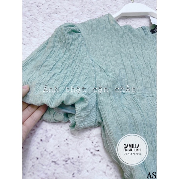 Đầm xoè tay bồng màu xanh mint vải đũi nhăn