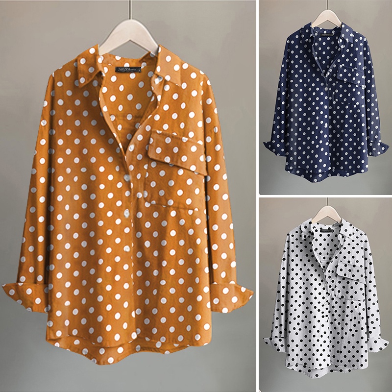 Áo sơ mi ZANZEA tay dài họa tiết chấm bi phong cách cổ điển thời trang dành cho nữ