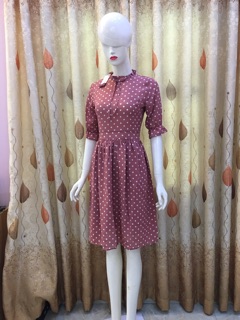 Đầm xoè chấm bi Cổ xếp buộc nơ CC26