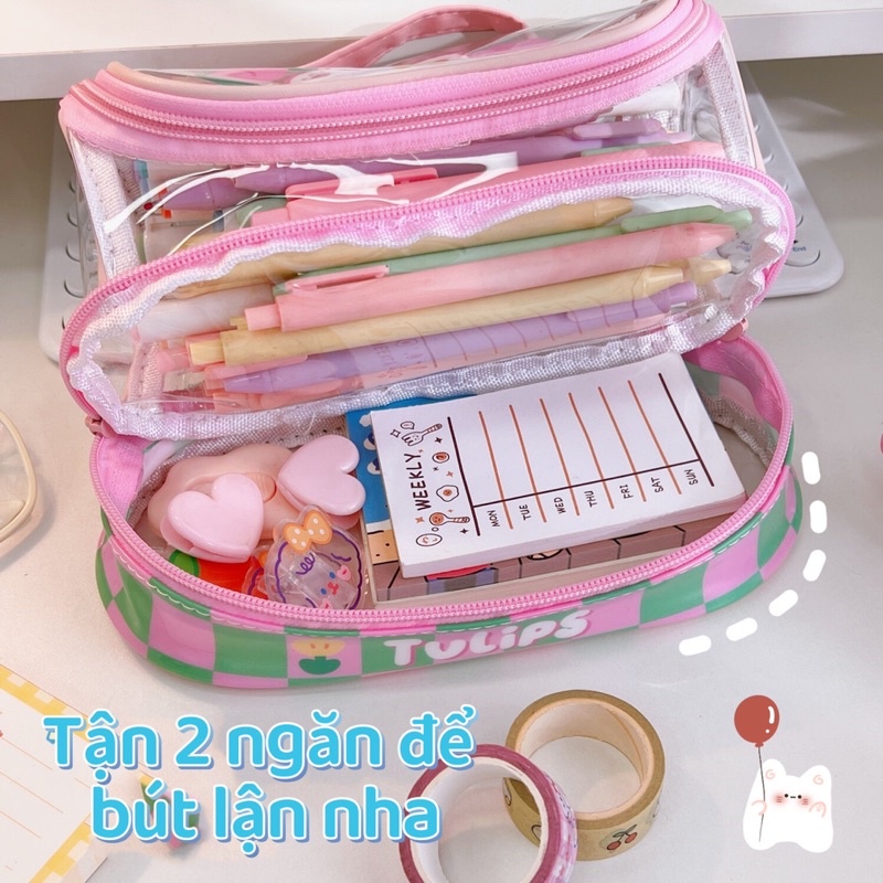 Bóp viết 2 tầng trong suốt kèm theo hoạ tiết dễ thương