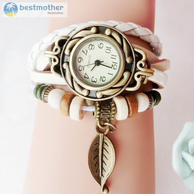 Đồng hồ đeo tay vintage trang trí hạt charm hình chiếc lá