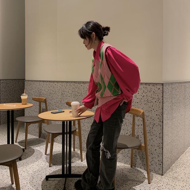 Set Áo Sơ Mi + Áo Dệt Kim Dáng Rộng Màu Sắc Ngọt Ngào Phong Cách Phương Tây Thời Trang Cho Nữ