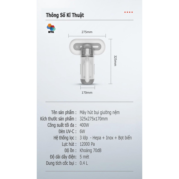 Máy hút bụi giường nệm Sawadaki KC301 diệt khuẩn UV-C, áp lực 12000 Pa mạnh mẽ, tần số đập 8000 lần/phút, công suất 400W