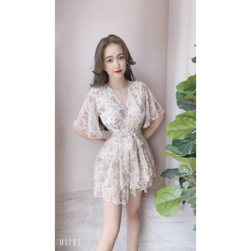 Jumpsuit ngắn voan hoa xinh xắn, bộ jum đùi thắt eo