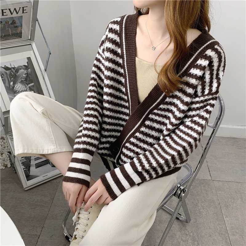 SUXI Áo Khoác Cardigan Dệt Kim Dáng Rộng Hoạ Tiết Kẻ Sọc Phong Cách Retro Hàn Quốc