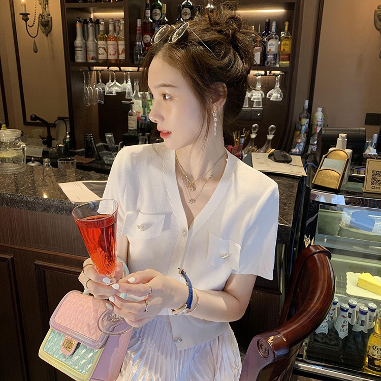 Xiaozhainv Áo cardigan tay ngắn thời trang hè Hàn Quốc trẻ trung cho nữ 3 màu tùy chọn | BigBuy360 - bigbuy360.vn