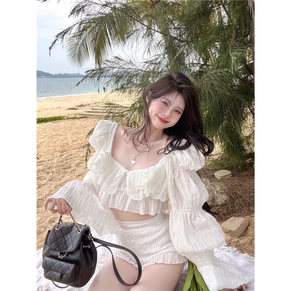 Hàng mới S048 Set đồ sốp croptop bánh bèo tay dài tiểu thư + quần short lưng chun