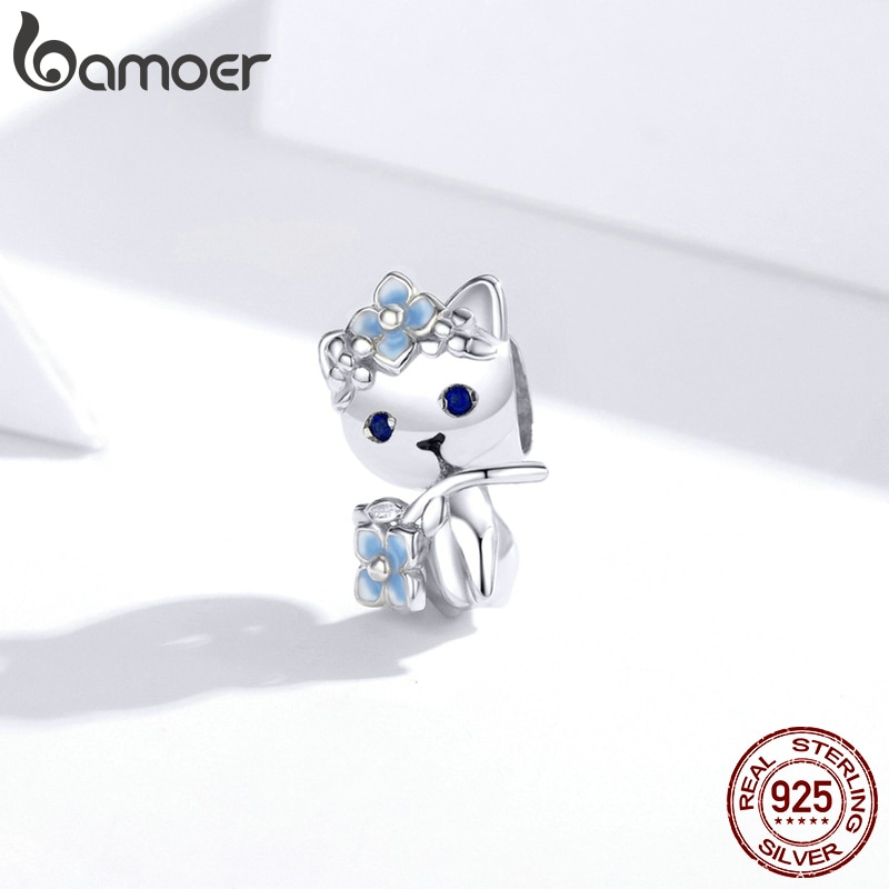 Hạt charm Bamoer BSC394 mạ bạc 925 hình mèo và cành hoa dễ thương trang trí vòng tay