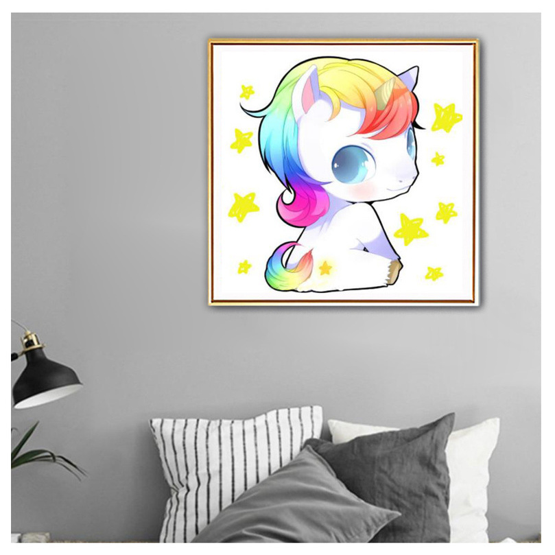 Bộ tranh đính đá 5d thủ công họa tiết ngựa một sừng dễ thương độc đáo size 30x30cm