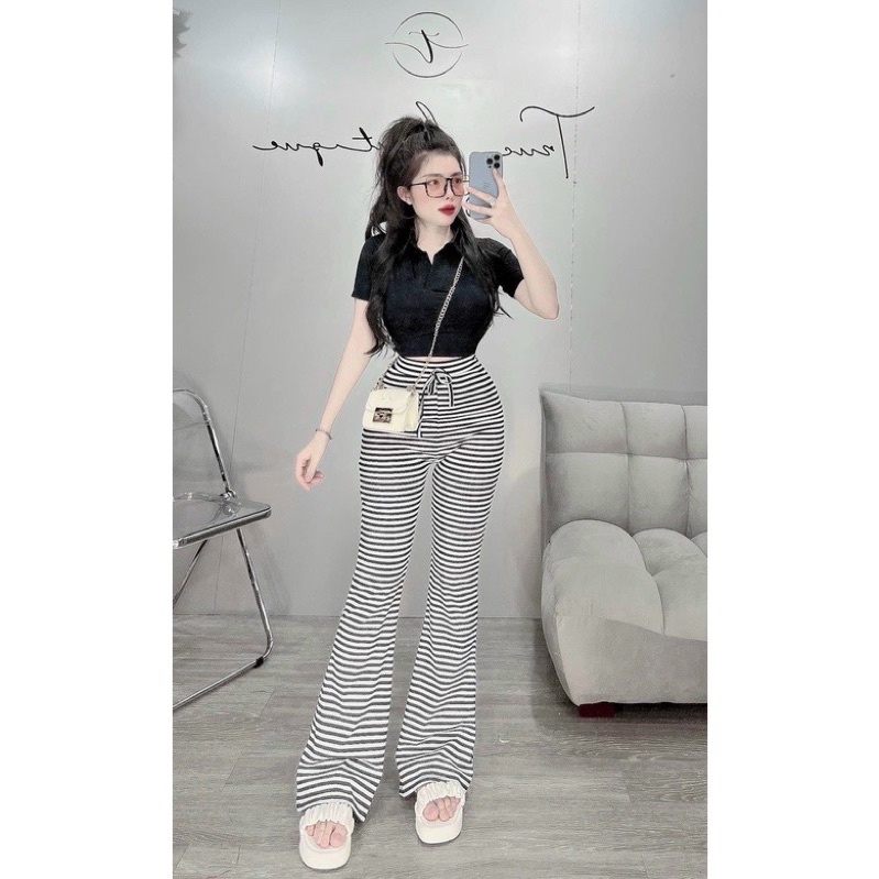 Set Quần thun ống loe  + croptop petter trơn