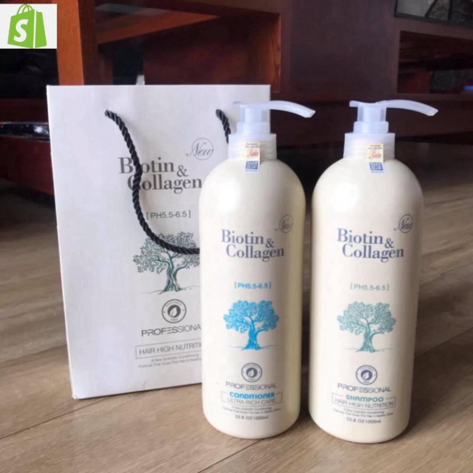 Cặp dầu gội xả Biotin Collagen Trắng 1000ml ngăn rụng tóc, dưỡng tóc, kích thích mọc tóc