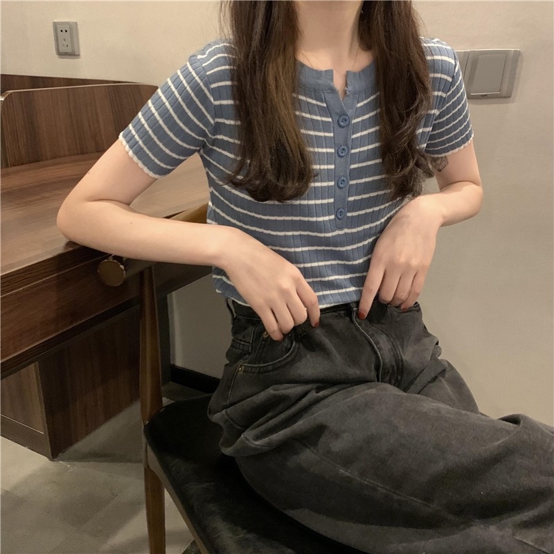 【Hana and Alice】Áo Dệt Kim Ngắn Tay Họa Tiết Kẻ Sọc Thời Trang
