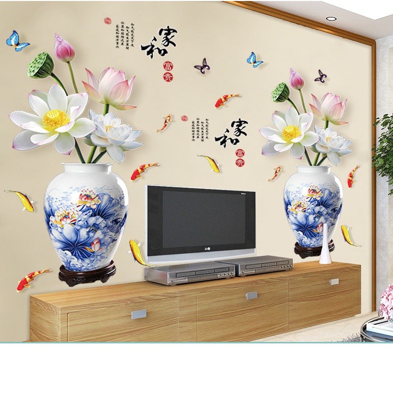 DECAL DÁN TƯỜNG ĐÔI BÌNH XANH HOA SEN TRẮNG