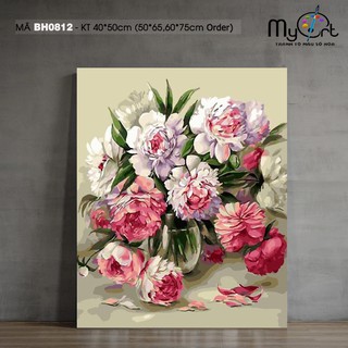 Tranh tự tô màu theo số sơn dầu số hóa Myart - Tranh lọ hoa bình hoa mẫu đơn Tranh tĩnh vật Vintage mã BH0812