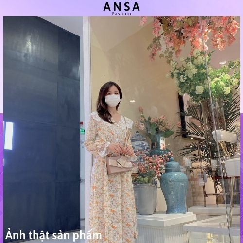 Váy hoa nhí vintage dáng dài phối ren cổ áo và tay áo