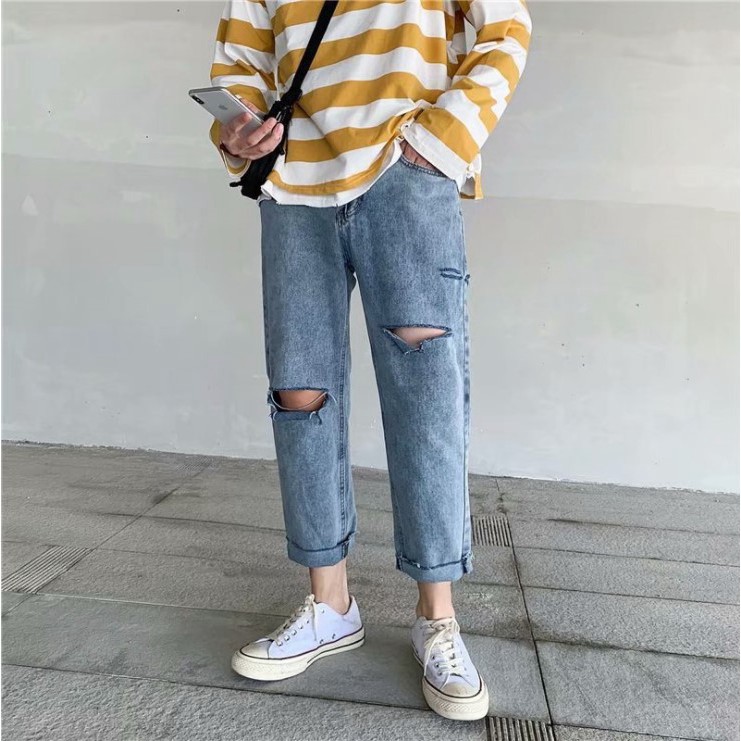 Quần baggy jean nam rách gối phong cách ulzzang siêu hot