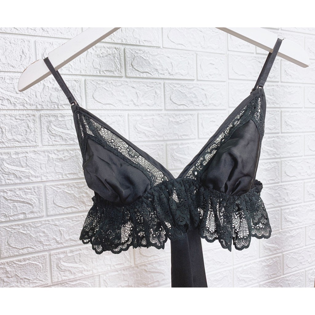 {Bralette hàng thiết kế} Bộ đồ lót ren phối lụa cao cấp Lacy Silk Bebebb – kiểu dáng quyến rũ với dây lụa dài - Màu Đen