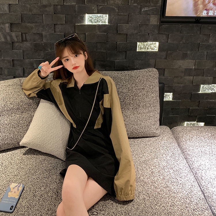 Đầm Tay Dài Dáng Ôm Màu Sắc Tương Phản Phong Cách Hàn Quốc Dành Cho Nữ