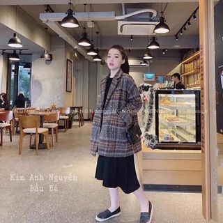 Áo dạ kẻ nâu tây phối váy suông