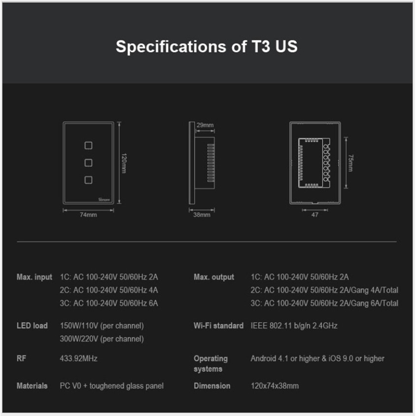 Công tắc cảm ứng âm tường thông minh Sonoff TX T3US 1 2 Kênh