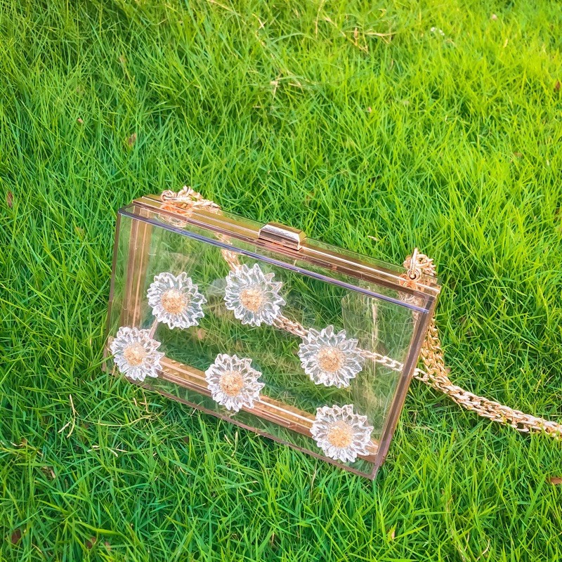 {HÀNG CÓ SẴN + ẢNH THẬT} TÚI HỘP TRONG SUỐT HOA CÚC - TÚI XÁCH NỮ CẦM TAY CLUTCH ĐI TIỆC