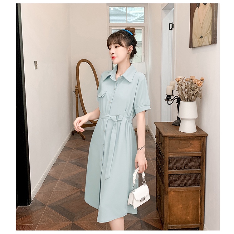 Đầm suông cổ sơ mi đính cúc dọc Váy thắt dây eo ngắn tay công sở kèm túi trước