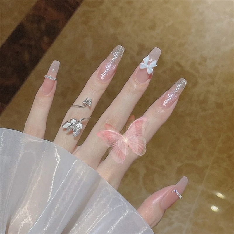 Bộ 24 móng tay giả màu xám in hình trái tim/ nơ