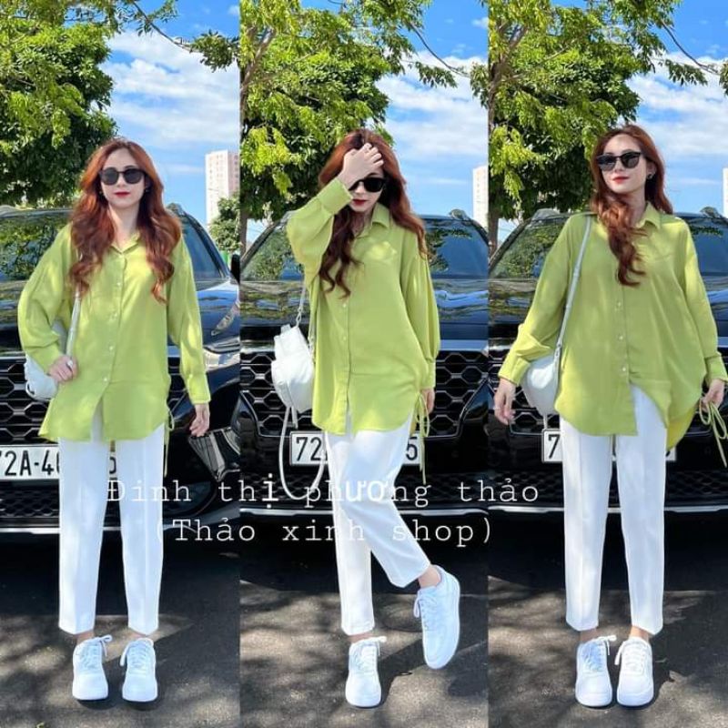 SET ÁO SƠ MI XANH BƠ THẮT NƠ DÂY RÚT MIX QUẦN  ĐŨI TRẮNG