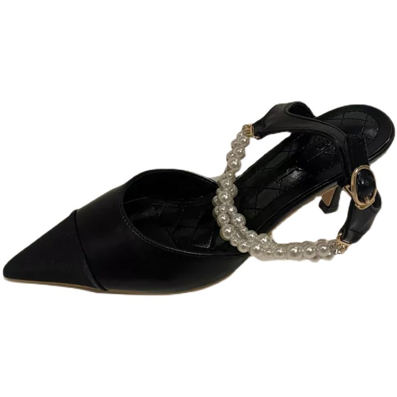 Giày cao gót mũi nhọn quai mảnh đính ngọc trai nhân tạo thời trang mùa thu mới 2021 dành cho nữ