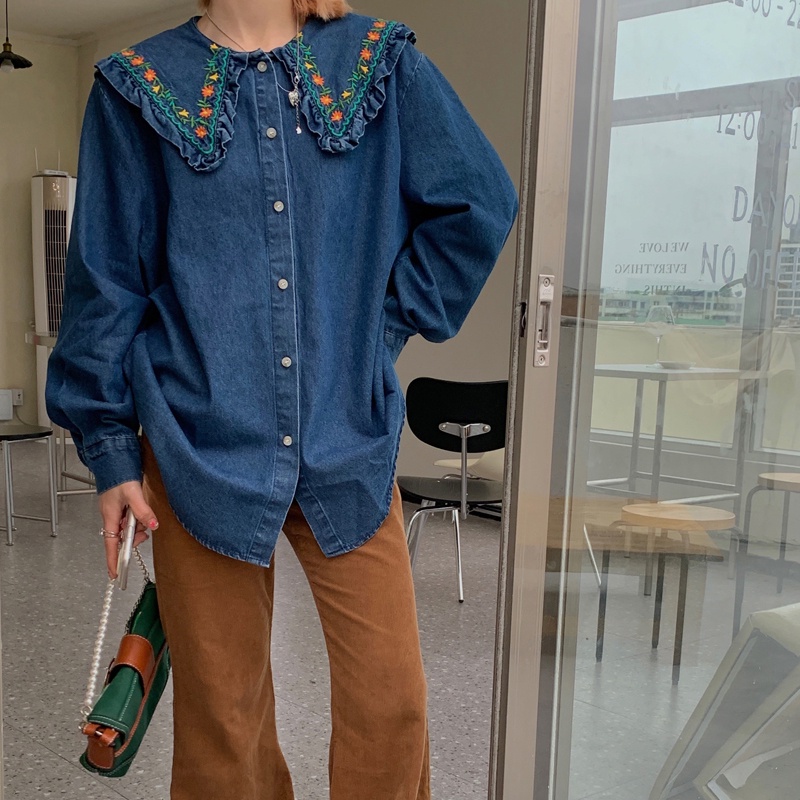 Hàng Mới Về Mới Áo Khoác Denim Cổ Búp Bê Thêu Hoa Dáng Rộng Thời Trang Mùa Xuân 2022 Cho Nữ
