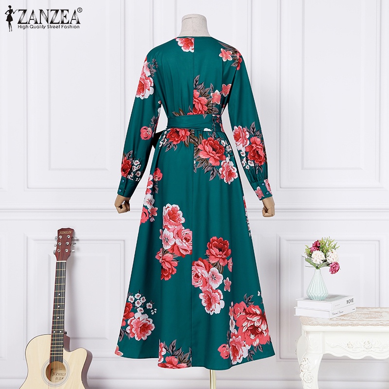 Đầm maxi ZANZEA tay dài cổ chữ v in họa tiết hoa thời trang cổ điển dành cho nữ