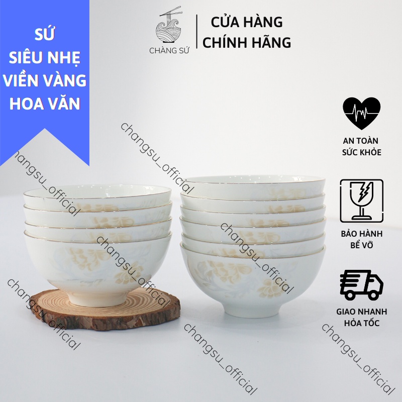 Chén cơm sứ siêu nhẹ viền vàng 12k hoa văn - Bộ bát ăn sứ xương siêu nhẹ Minh Châu